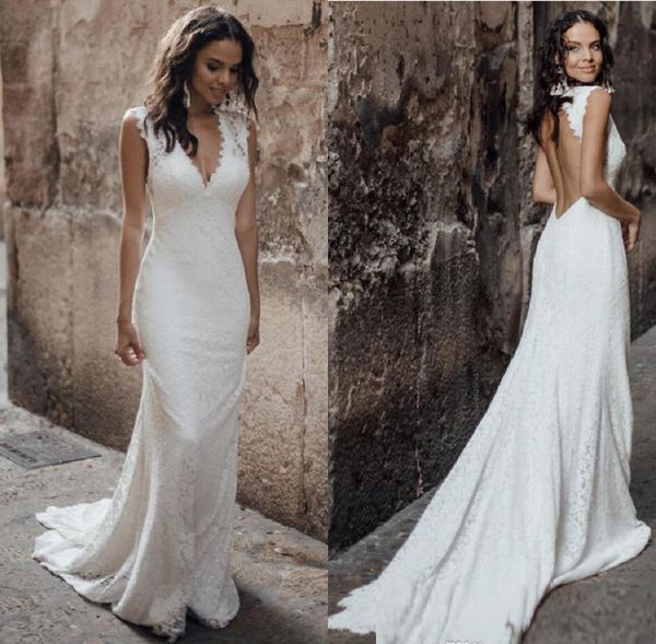

elegant deep v neck lace mermaid wedding dresses 2020 hollow back backless sweep train wedding bridal gowns, White