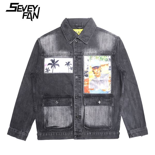 

seveyfan famous people patchwork men's denim jackets front pockets single breasted denim jackets hip hop coat streetwear male, Black;brown