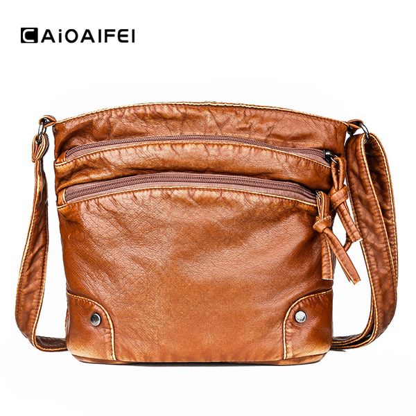 

caioaifei new vintage women crossbody bag many pocket washed leather luxury handbags women bags designer pu leather shoulder bag