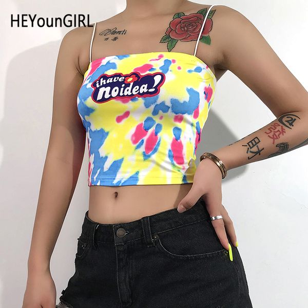 

heyoungirl tie dye printed spaghetti strap women harajuku backless camis tees casual bustier cropped ladies summer, White