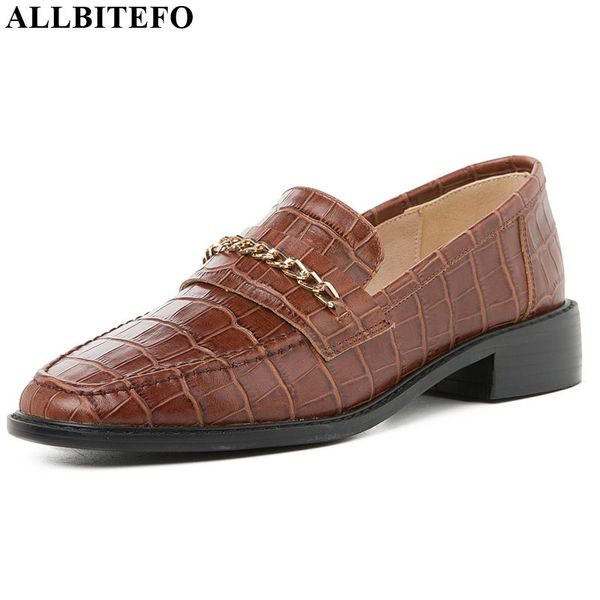 

allbitefo natural genuine leather high heel shoes metal decoration spring autumn women heels round toe checker pattern low heel, Black