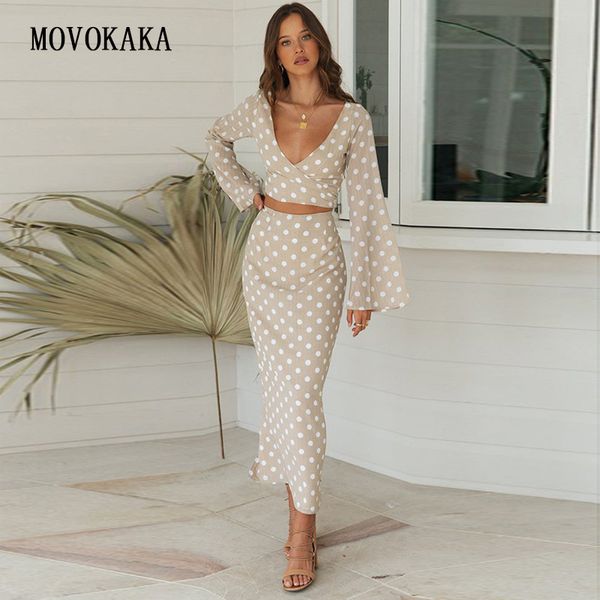 

мода dots женские установить весна лето tracksuit женщины пляжный костюм 2 piece set с длинным рукавом топ и юбка женский костюм outfit, White