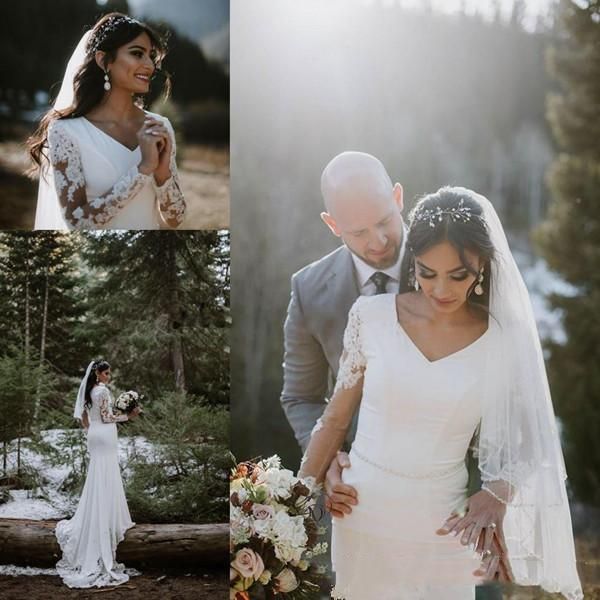 

setwell mermaid wedding dresses long sleeves lace appliques floor length sweep train bridal gowns with belt, White