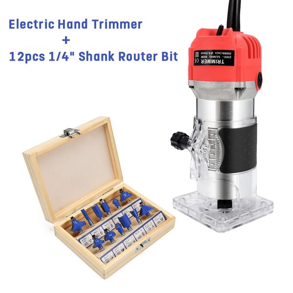 

800w 220v electric hand trimmer wood trimming engraving carving machine + 12pcs 1/4 shank milling cutter woodworking tool set