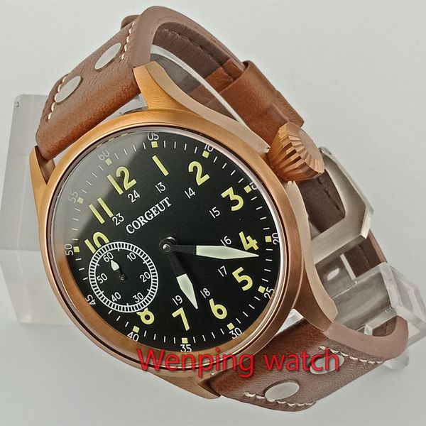 

solid corgeut 44mm bronze steel case men's watch sapphire glass luminous 17 jewels 6497 mechanical hand winding movement e2636, Slivery;brown