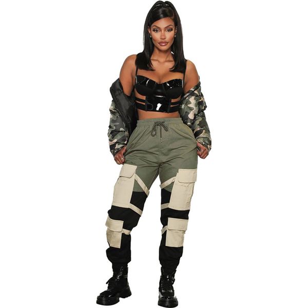 

new winter 2020 women high waist loose pants spliced pockets trousers fashion night club patchwork cargo pants, Black;white