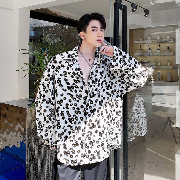 

men fashion small flower small daisy shirt male loose fashionable long sleeve streetstyle fashion shirts hombre 2020, White;black