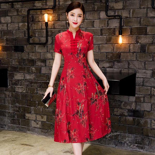 

oversize 3xl red chinese wedding party bride qipao print flower women elegant evening dress oriental show cheongsam