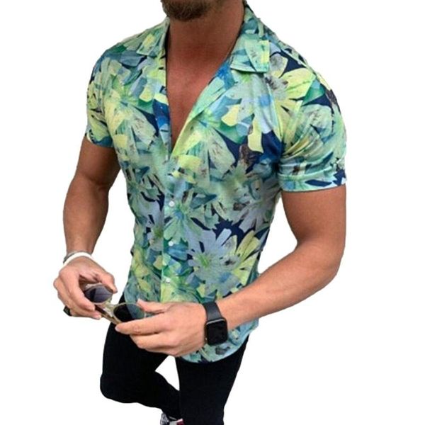 

men stylish short sleeve turn down collar floral print blouse buckle shirt, White;black