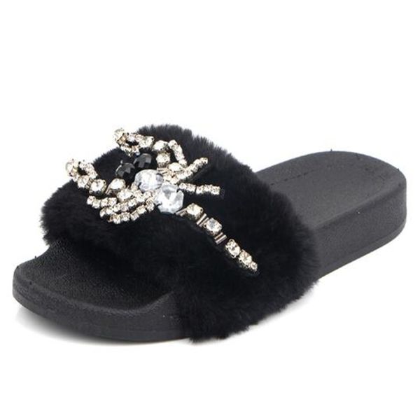 

wool slippers for women's summer fashion wear 2019 new style women's shoes, flat and fashionable style water-drill cool slippers, Black