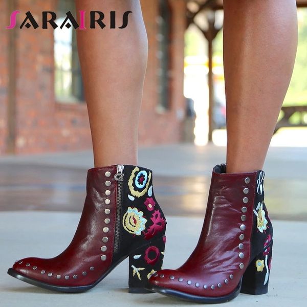 

sarairis new ins 36-41 retro embroider cowboy booties ladies rivet ankle boots women 2019 high chunky heels shoes woman, Black