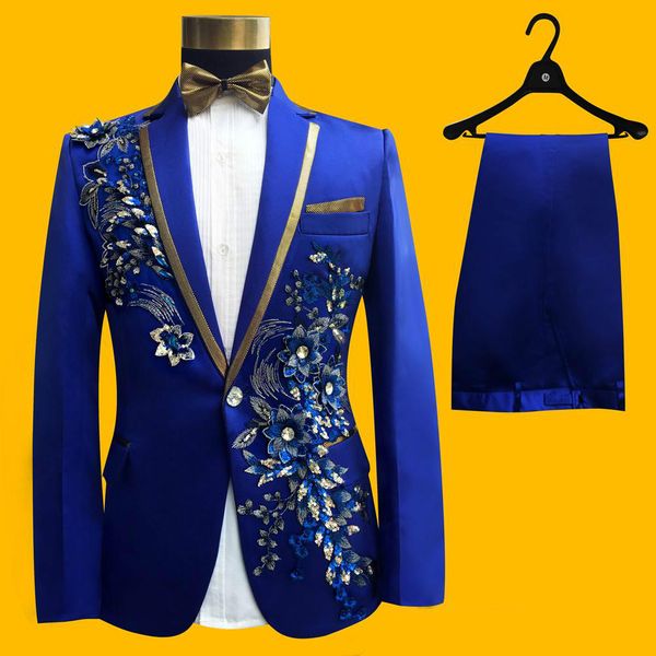 

2019 new designs blue men suit 2 pieces lace sequins slim fit plus size prom dress peak notch lapel wedding tuxedos (jacket+pants+bow tie, Black;gray