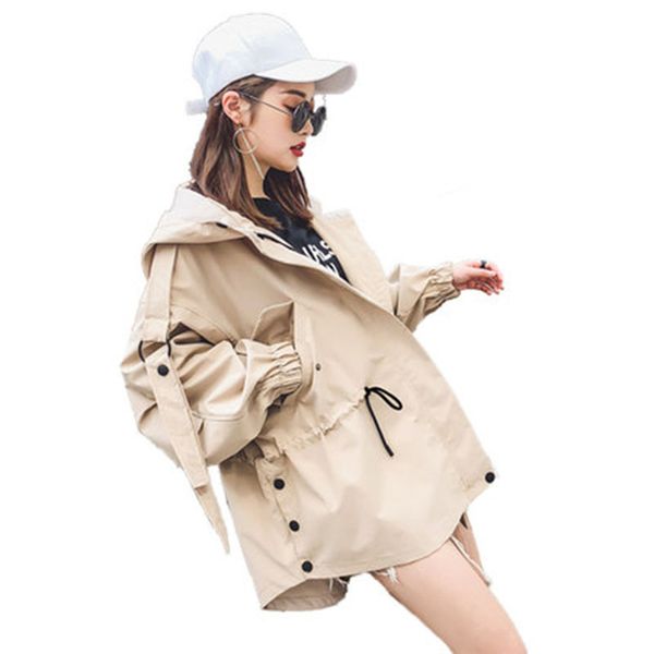 

korea spring new short casual women's windbreaker short bf tooling student loose trench coat cap bat sleeve windbreaker w142, Tan;black