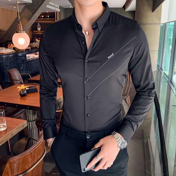 

mens dress shirts fashion 2019 autumn new social shirt men embroidery night club prom tuxedo shirt male clothing, White;black