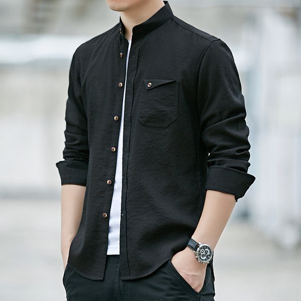 

qmgood 2019 men shirts solid color long sleeve fashion standing collar cotton male shirt slim fit popular designs, White;black
