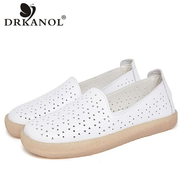

drkanol fashion genuine leather shoes women loafers slip on casual flat shoes summer breathable hollow out pregnant woman, Black