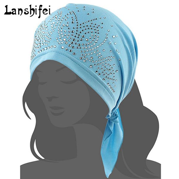 

new breathable bandana scarf pre tied cotton chemo hat beanie turban head cap with drill headwear for cancer patients
