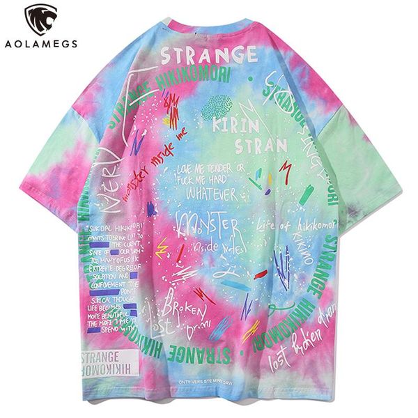 

aolamegs men's t shirt watercolor tie dye letter print casual high street retro thin harajuku all-match couple style streetwear t200420, White;black