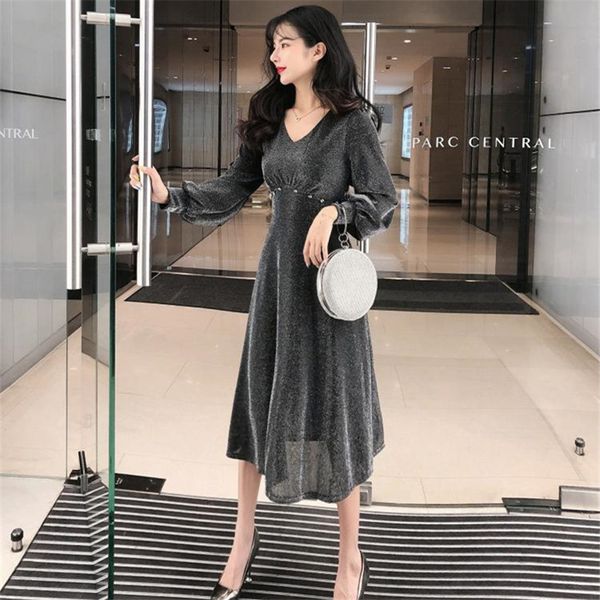 

2019 осень моды новый стиль hong kong flavor ретро debutante с длинным рукавом v-образным вырезом талия обниматься похудения dres элегантный, Black;gray