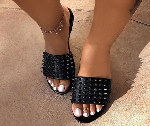 

rivet flat unique women's design summer slipper fashion beach leisure lofter in stock scuff shoes slippers, Black