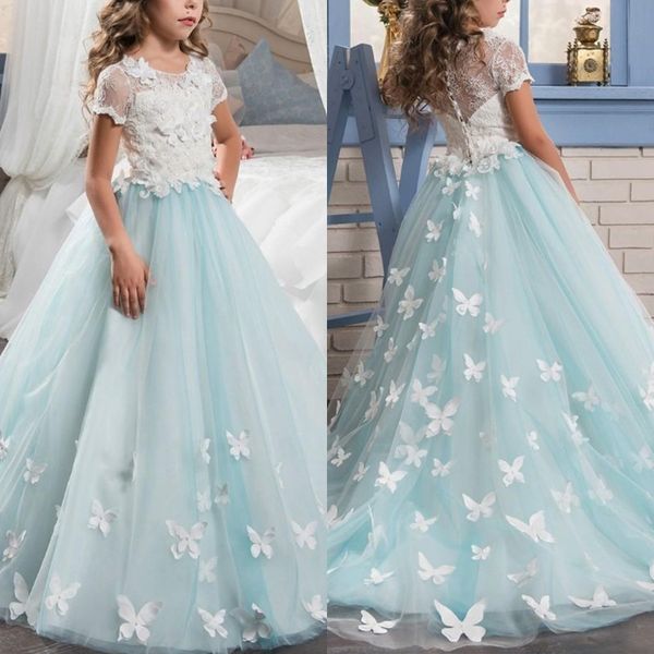 

princess lace tulle flower girls dresses short sleeves a line covered button baby appliqued girl birthday party pageant dresses girl pageant, White;blue