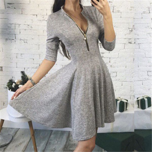

women's warm v-neck dresses fashion ladies gray/blue/red front zipper half sleeve dress 2018 evening party short mini dress, Black;gray