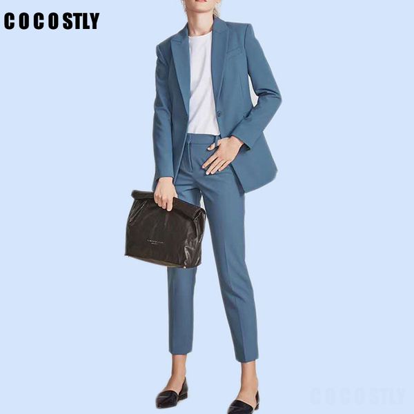 

2020 осень работа брюки костюм женщин одной кнопки офис леди blazer куртка + zip брюк синий розовый 2 piece set женский outwear, White;black
