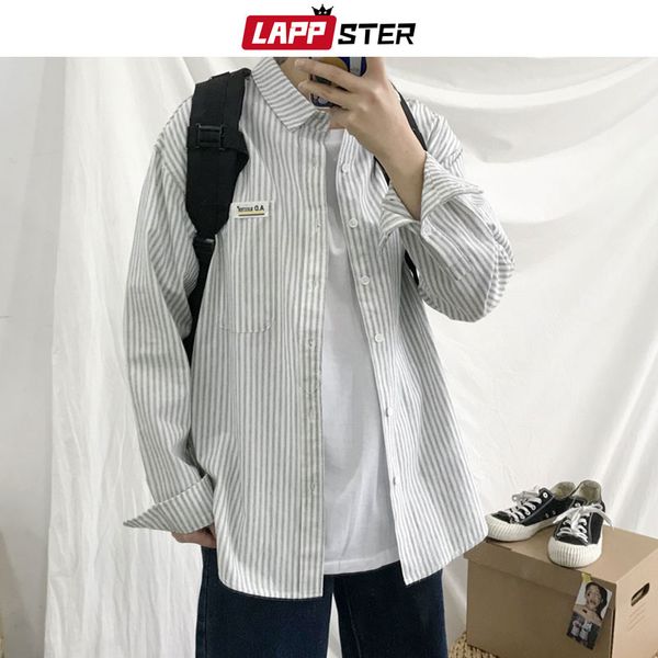 

lappster men streetwear striped shirts 2019 mens hip hop long sleeve white shirt male korean fashions casual designer shirt, White;black