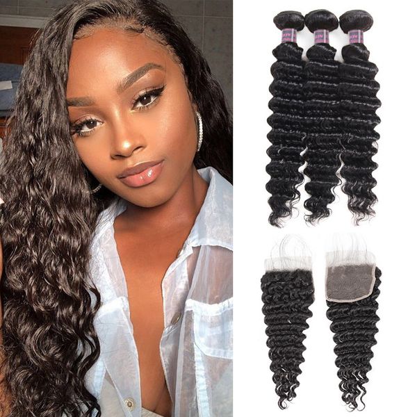 

brazilian virgin hair deep wave 3 bundles with 4x4 lace closure unprocessed virgin hair extensions indian human hair bundles with closure, Black