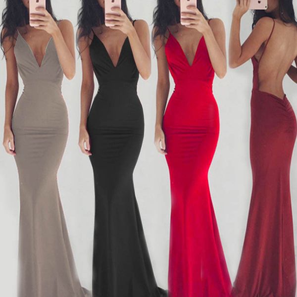 

fishtail dress dress 2019 solid spaghetti strip sleeveless backless party dresses women v-neck maxi vestidos de fiest, Black;gray