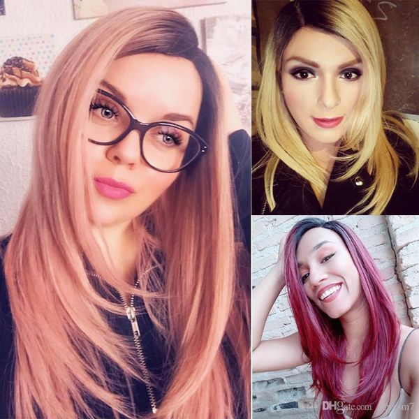 

lace front synthetic wigs for black women middle long 24 soft ombre red wig with dark roots wavy heat resistant fiber hair