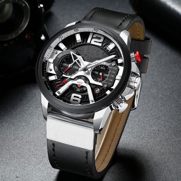

casual sport watches for men blue leather wrist watch man clock fashion chronograph wristwatch, Slivery;brown