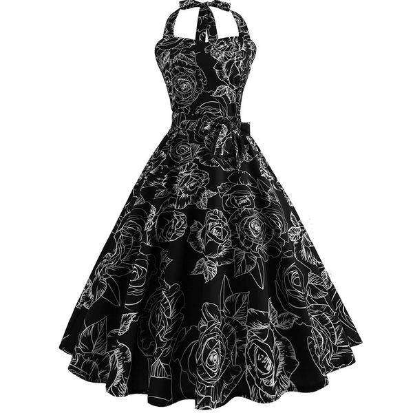 

sleeveless halter printing flower satin evening dresses a line empire waist 2019 for women cocktail party, White;black