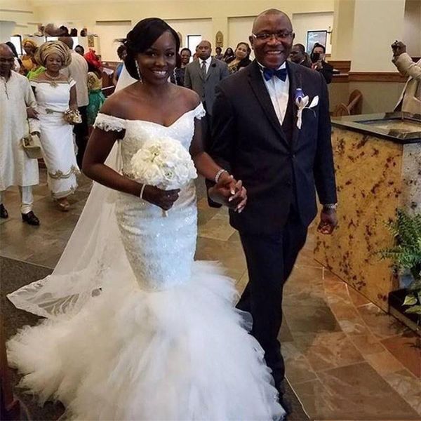 

african off shoulder lace mermaid wedding dresses 2019 with beads appliques sweep train lace up back wedding bridal gowns, White