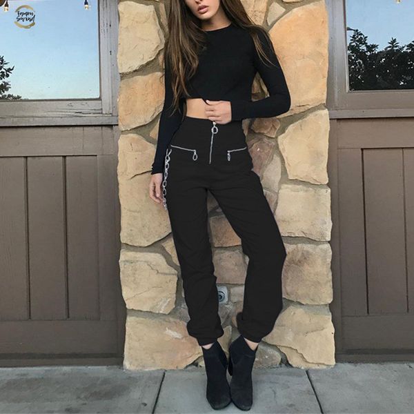 

trousers black fashion woman pants cargo high waist pants loose zippers joggers sweatpants streetwear drop shipping, Black;white