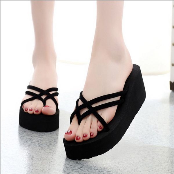 

summer womens high heel flip flops wedge platform anti-slip beach casual sandals, Black