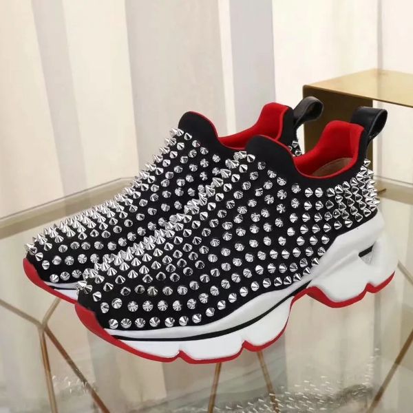

designer shoes studded spikes flats shoes for men women glitter party lovers genuine leather casual sneakers by toy99 07, Black;red
