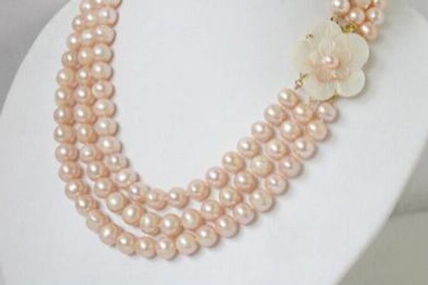 

~~~~~ natural 8mm 3-strand pink round pearl necklace, Silver