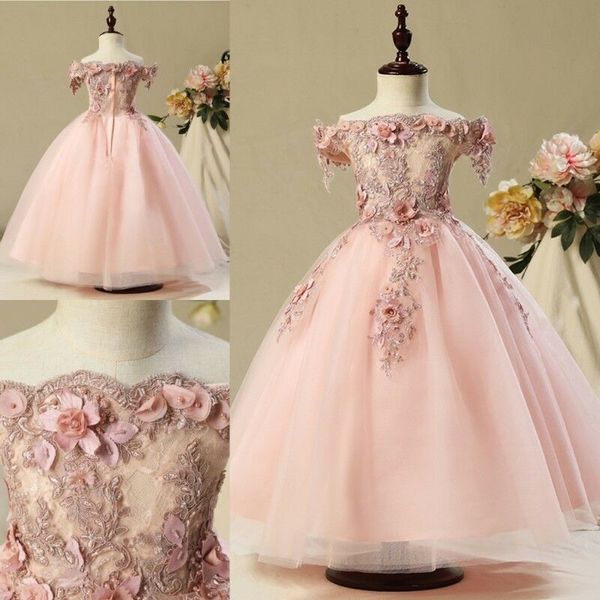 Abiti da ragazza di fiore rosa vintage con spalle scoperte Appliques di pizzo Perline Abiti da spettacolo per bambini piccoli Abito da prima comunione da principessa