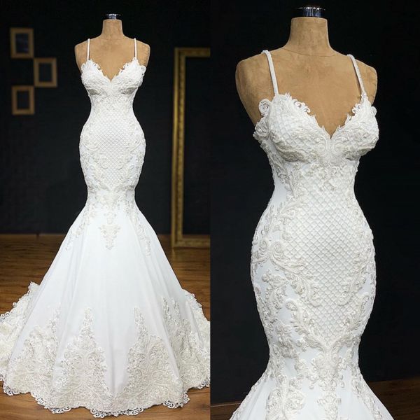 

chic mermaid beaded lace wedding dresses spaghetti straps v neck bridal gowns appliqued sweep train trumpet robe de mariÃ©e, White