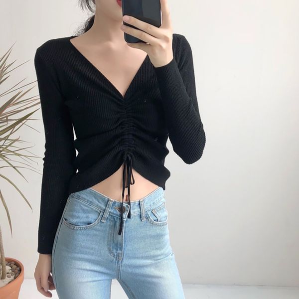 

pull femme sweater women sweater lace up knitting pullover fashion autumn winter chic v-neck knit slim jumper knitwear, White;black