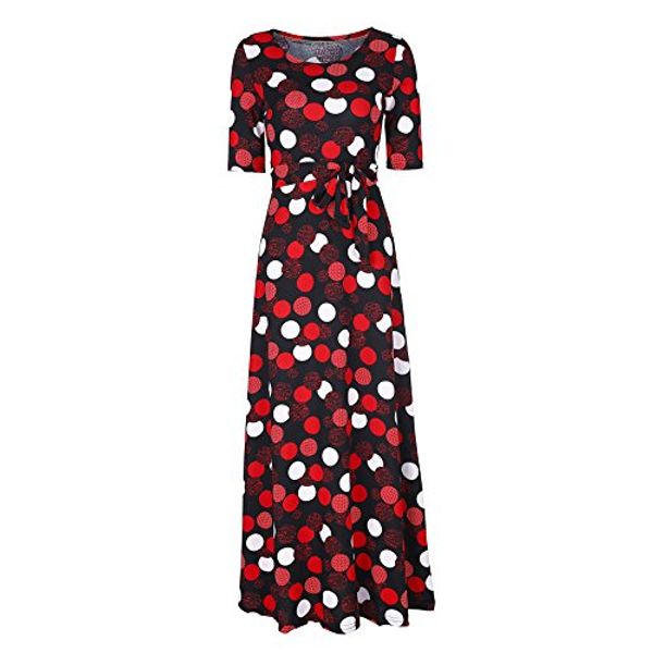 

muda wind women's polka dot autumn half sleeve round neck long maxi swing dress, Black;gray
