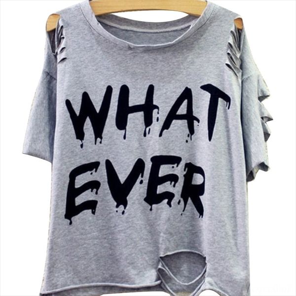 

letter printing broken hole burnt shoulder short sleeve t-shirt female letter printing broken hole burnt shoulder short sleeve t-shirt femal, White