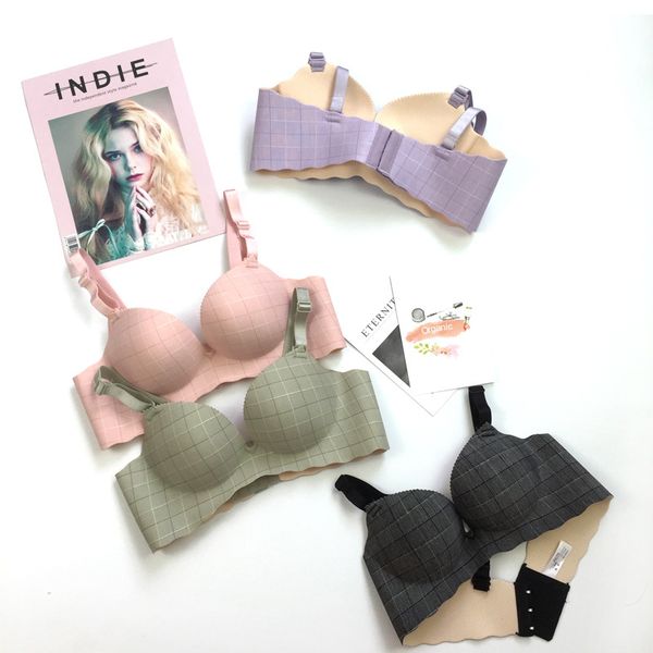 

new products plaid v shaped adjustable non-steel ring large size push up less women's bra thickness-solid underwear, Red;black