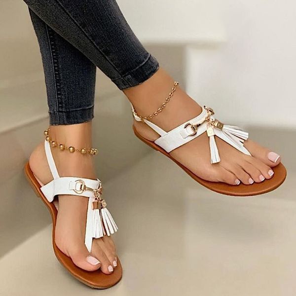 

women's bohemia flip flops women summer tassel sandals 2020 new ladies buckle flat woman pu leather female beach shoes plus size, Black