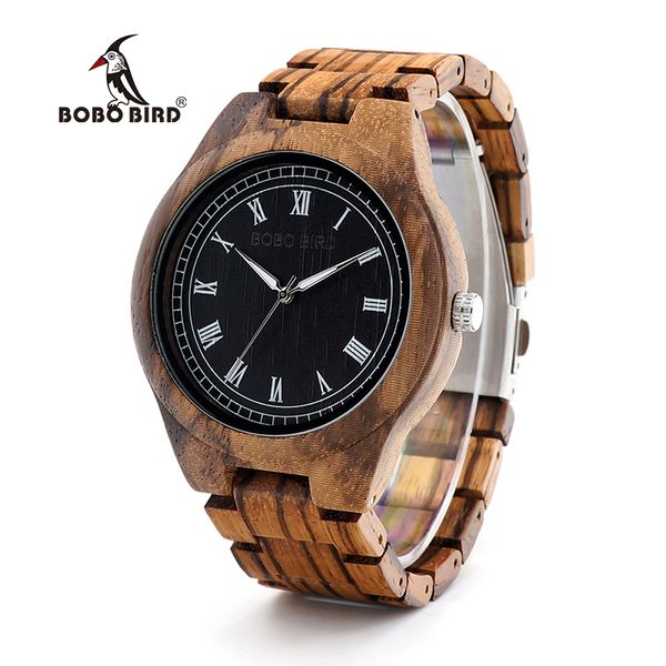 

bobo bird wo18o19 wood watch ebony zebra wooden watches for men white roman number quartz watch with tool for adjusting size, Slivery;brown