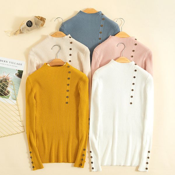 

new fashion button turtleneck sweater women spring autumn solid knitted pullover women slim soft jumper sweater female knit, White;black