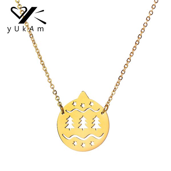 

yukam simple gold stainless steel hollow ball snowy mountain christmas trees stars pendant necklaces for women xmas jewelry gift, Silver