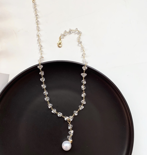 

elegant transparent crystal pearl pendant choker necklace gold color chain pendant for women statement party trendy jewelry gift, Golden;silver