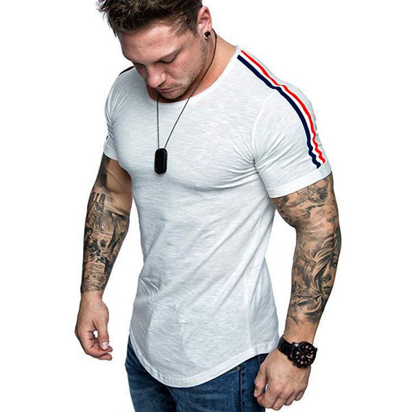 

men cotton t shirt with striped on shoulder short sleeve workout training tees fitness sport fashion tshirt, White;black